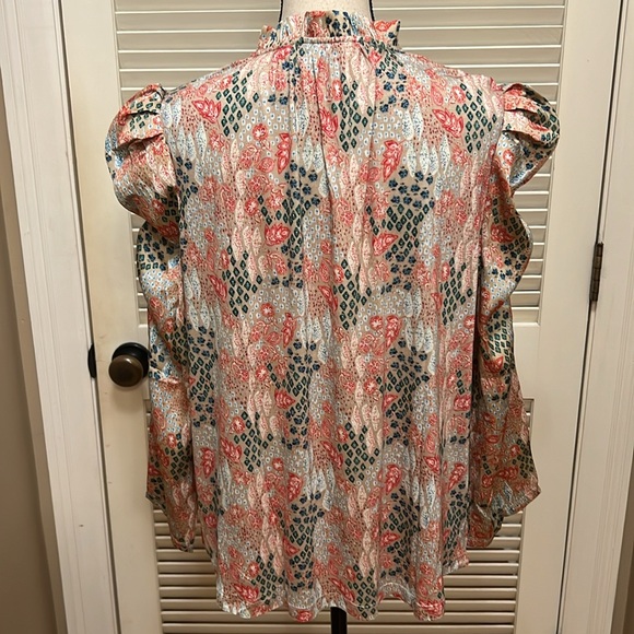 Loft Garden Cinched Sleeve Ruffle Tie Neck Mixed Media Top in Sandy Cove - Picture 10 of 16